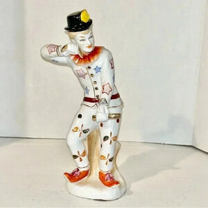 Hand Painted Porcelain Ceramic Figurine Pierrot Harlequin Clown Gilded 11”x4”